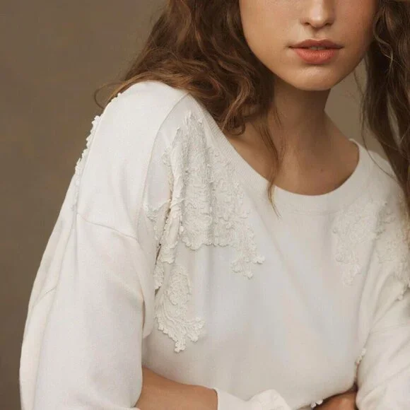 By Anthropologie Crochet Appliqué Pullover Top Oversized Cotton Lace S 272128 Blouses